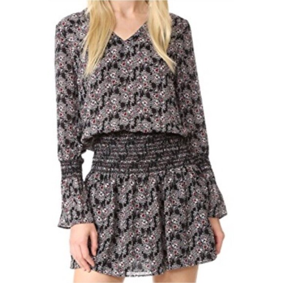 DEREK LAM 10 CROSBY Smocked Silk Floral Print Long Sleeve Mini Dress Sheer NWT 4 - Picture 2 of 11